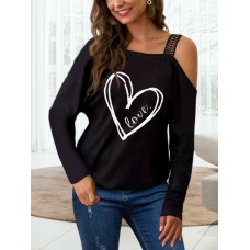 Graphic Print One Shoulder Long Sleeves T  shirts For Women