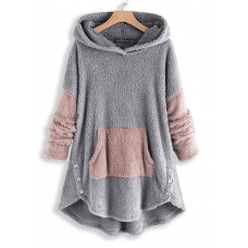 Women Contrast Color Splice Irregular Hem Hooded Fleece Sweatshirt Coats