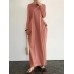 Women Side Pockets Pleated Solid Maxi Length O  Neck Midi Dresses