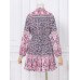 Women Puff Sleeve Floral Printed Lace  Up Button Casual Midi Dresses